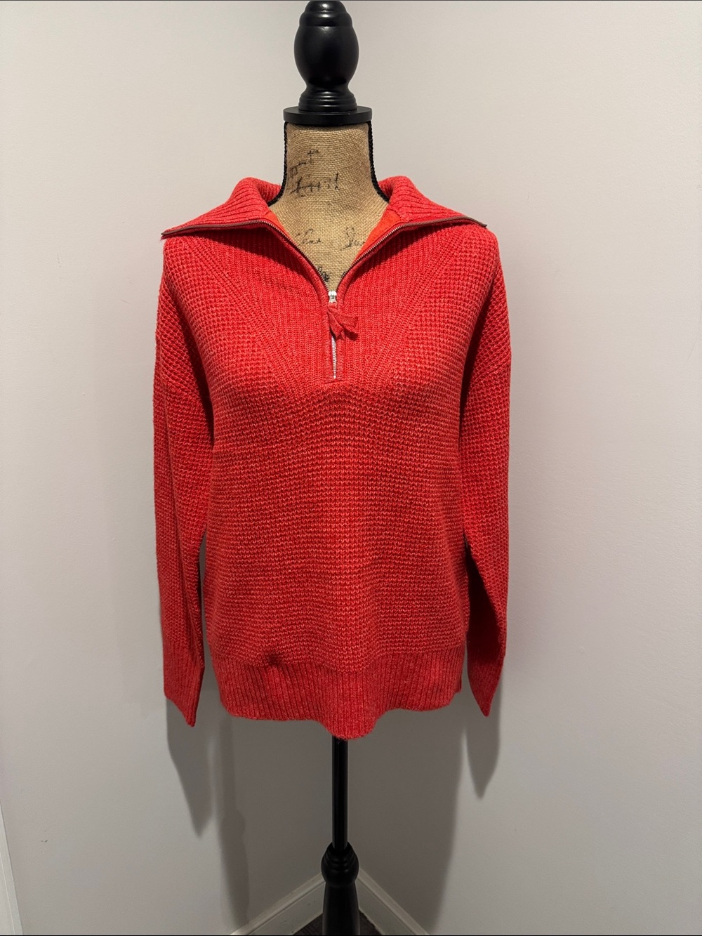NWT Women’s Zenana Waffle-Weave Half-Zip Cowl Sweater in Ruby